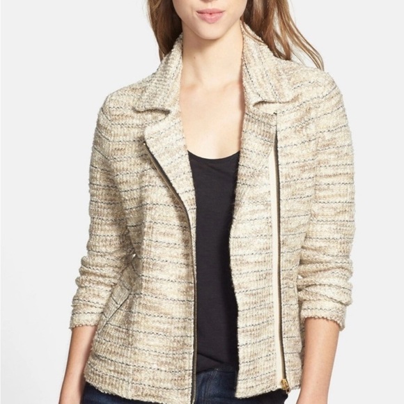 Lucky Brand Marled Moto Knit Boucle Tweed Zip Beige Jacket Sz M - Picture 8 of 8